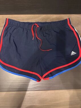 Adidas Navy Athletic Shorts with Red Trim and Blue Edge